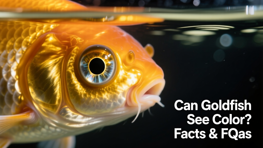 Close-up of a goldfish’s eye showing its large, reflective pupil and clear lens—highlighting adaptations for underwater color vision
