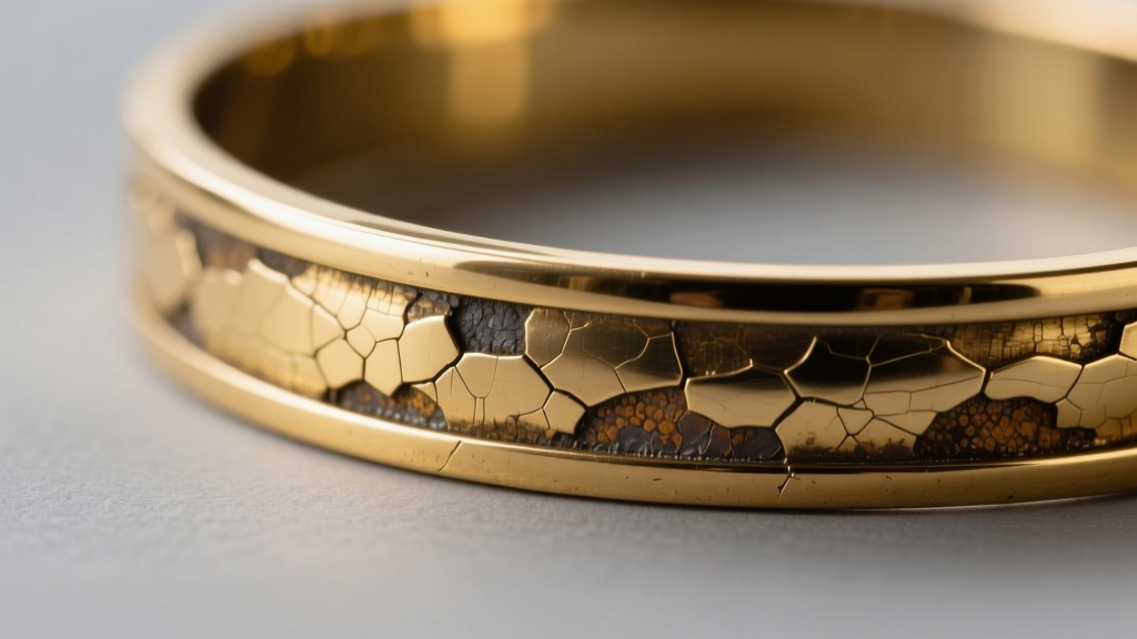 Macro photography showing the microscopic wear on a gold-plated brass bracelet edge, revealing the darker base metal underneath