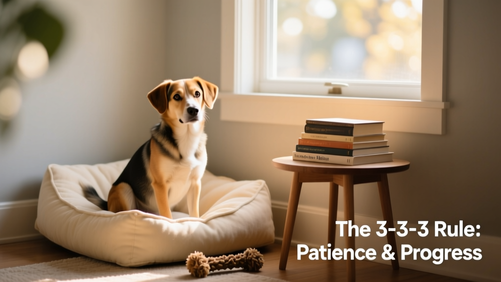 A calm, curious dog sitting beside a cozy corner with a soft bed and chew toy