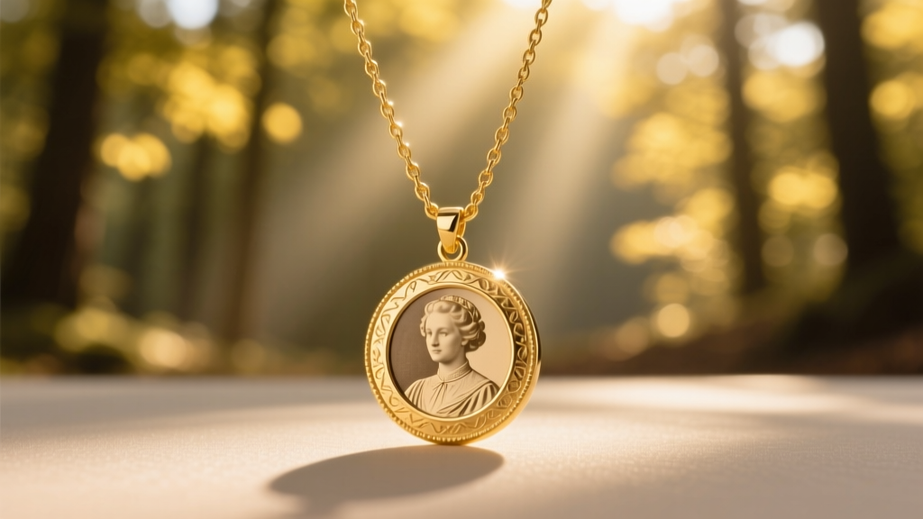 A 1.2mm 14k gold cable chain attached to a round engraved photo necklace, held against a blurred, sunlit forest background.