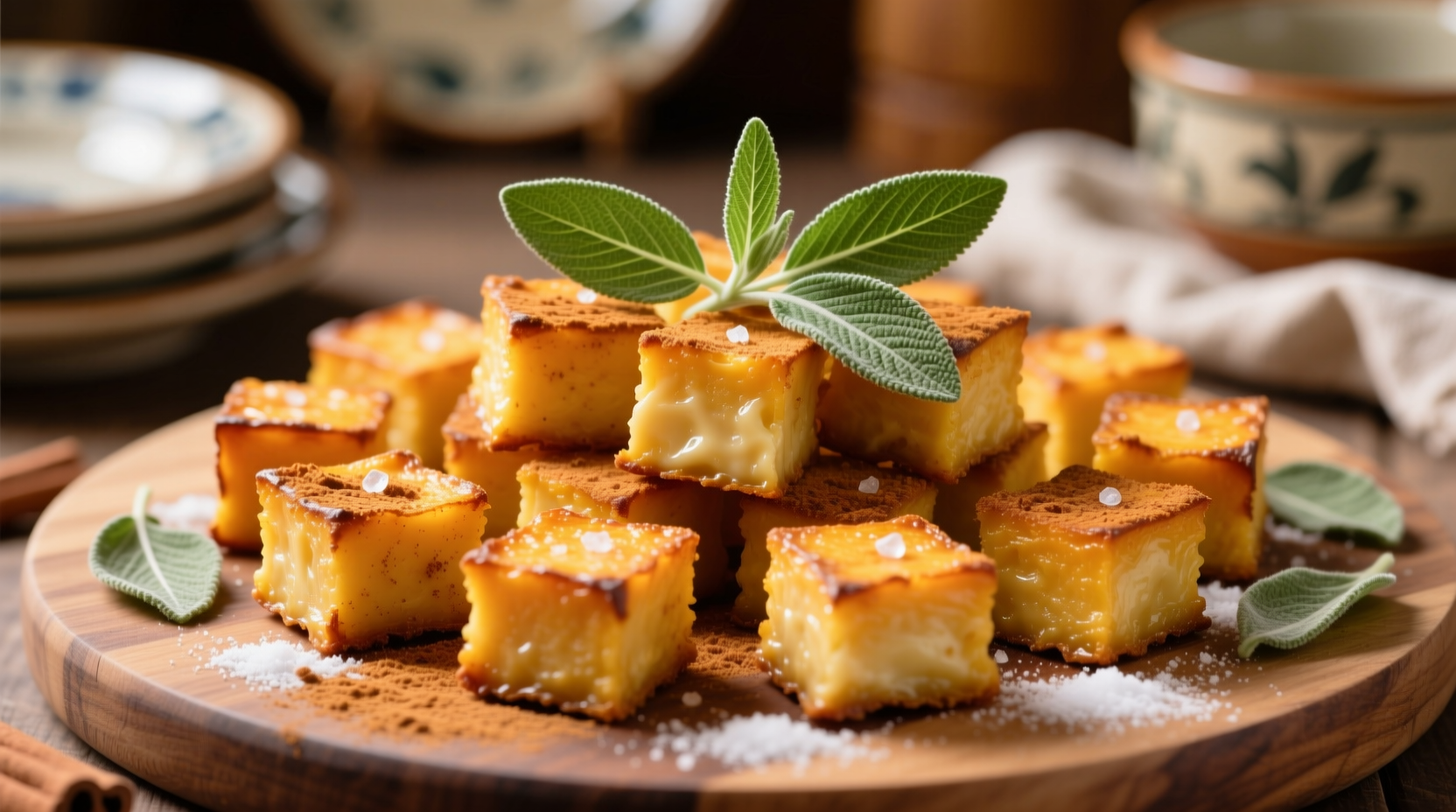 Golden sweet potato appetizer bites with crispy sage garnish