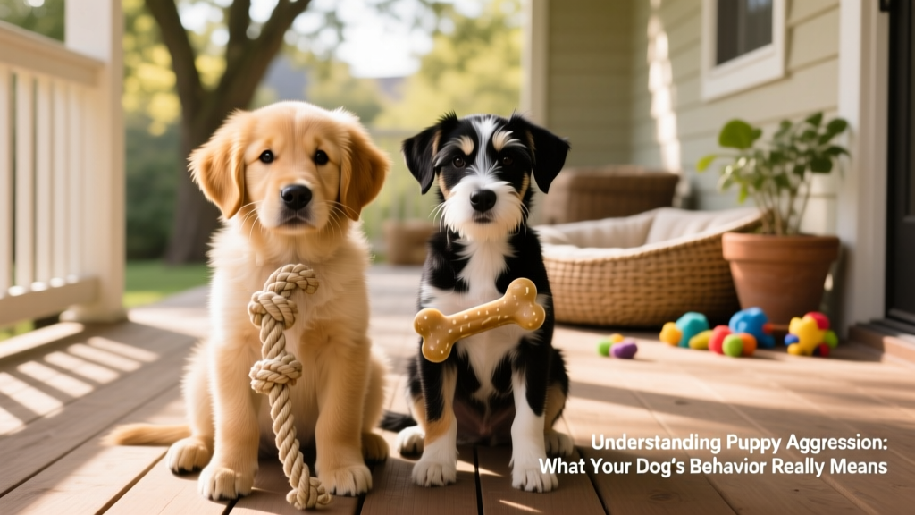 Two puppies sitting side-by-side, each with their own chew toy, looking relaxed and content