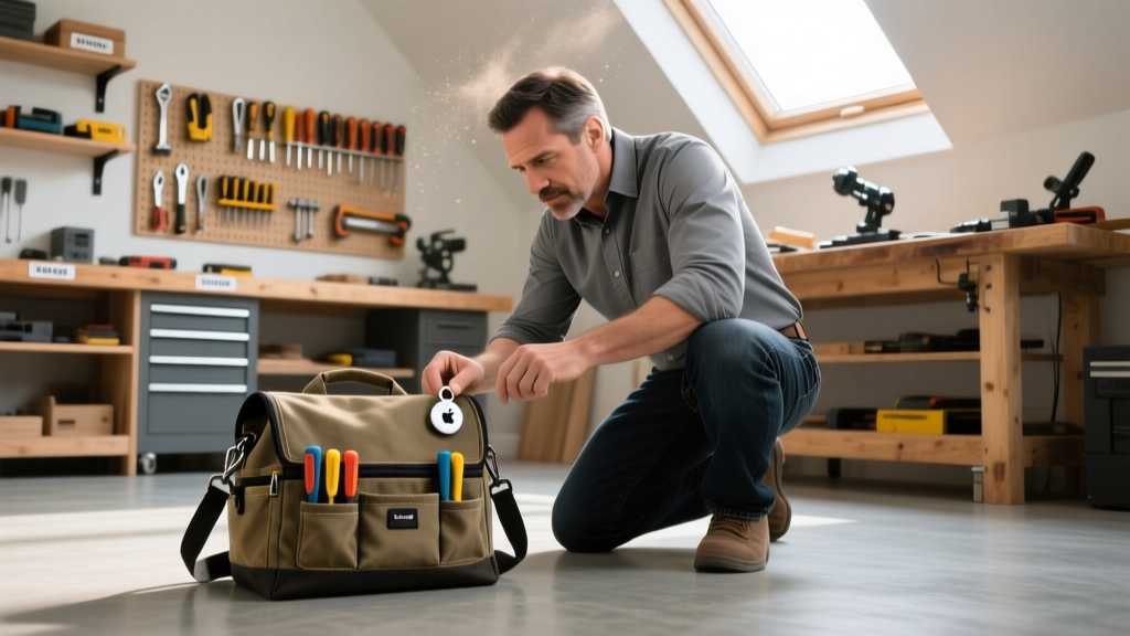 Dad tracking an Apple AirTag attached to a heavy-duty canvas tool bag in a brightly lit, organized home workshop space