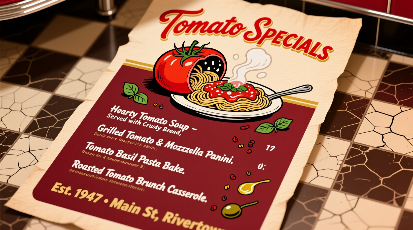Vintage 1940s diner menu featuring tomato dishes