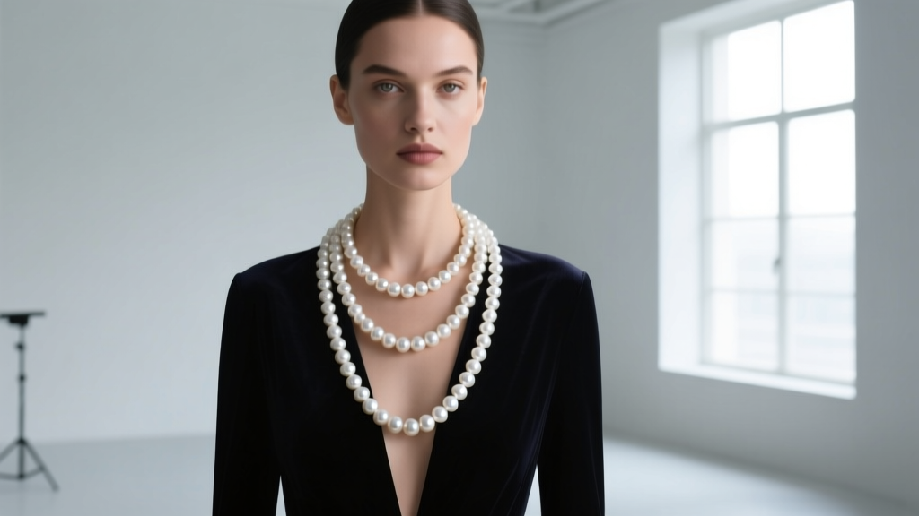 Model wearing a 60-inch white Akoya pearl rope necklace looped twice over a dark gown, soft lighting highlighting the luster.