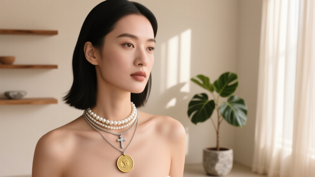 Woman wearing a layered necklace stack with a 14-inch pearl choker, a 16-inch silver mini cross, and an 18-inch gold coin pendant