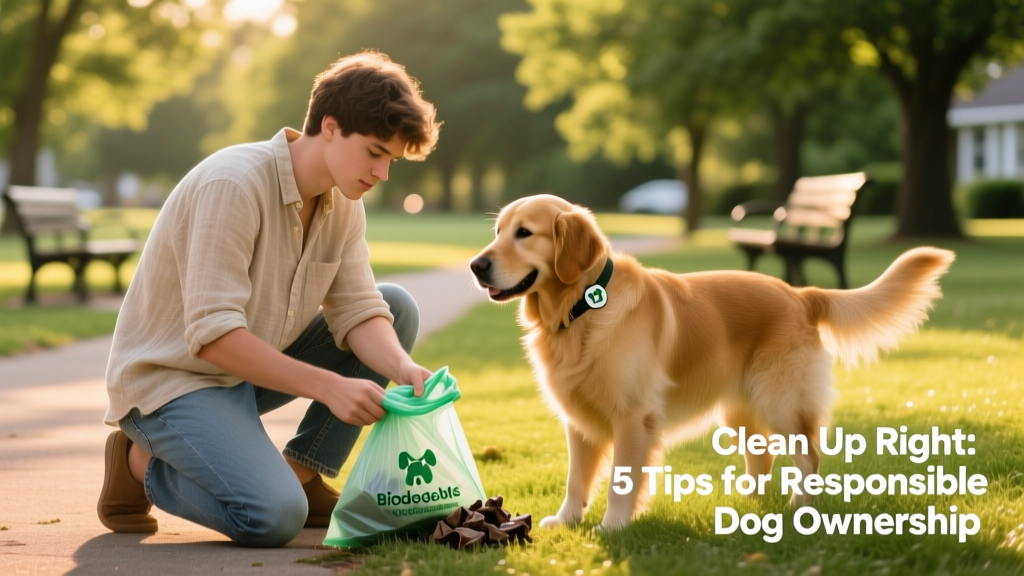 Person using a biodegradable poop bag to clean up after their dog on a grassy park path