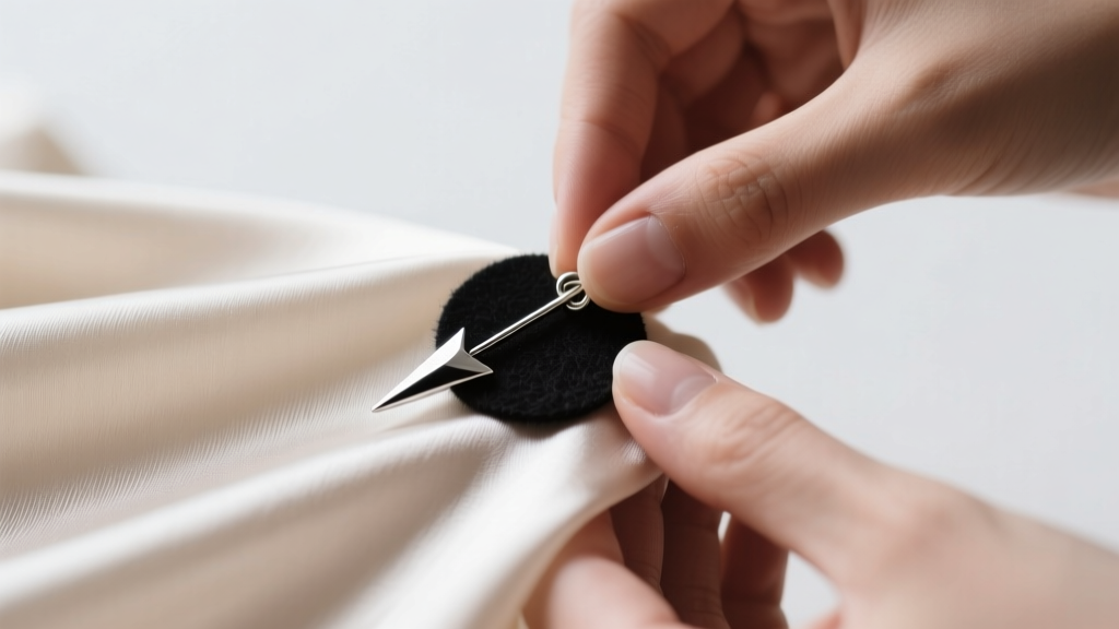 Hands placing a small black felt stabilizer patch behind delicate silk before inserting a sharp silver brooch pin securely