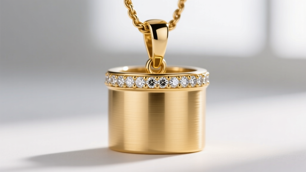 Macro photography of a 14k solid gold cylinder ash pendant, showing the precision laser-welded bail and micro-pave diamond accent.