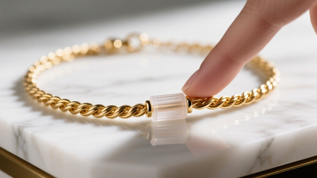 Close-up of a delicate 18k gold-filled rope necklace being adjusted with a clear silicone slider clasp on a marble vanity surface.
