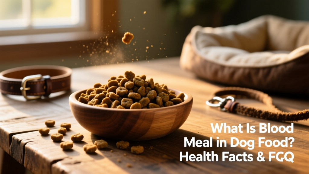 dry dog food in a bowl on wooden table
