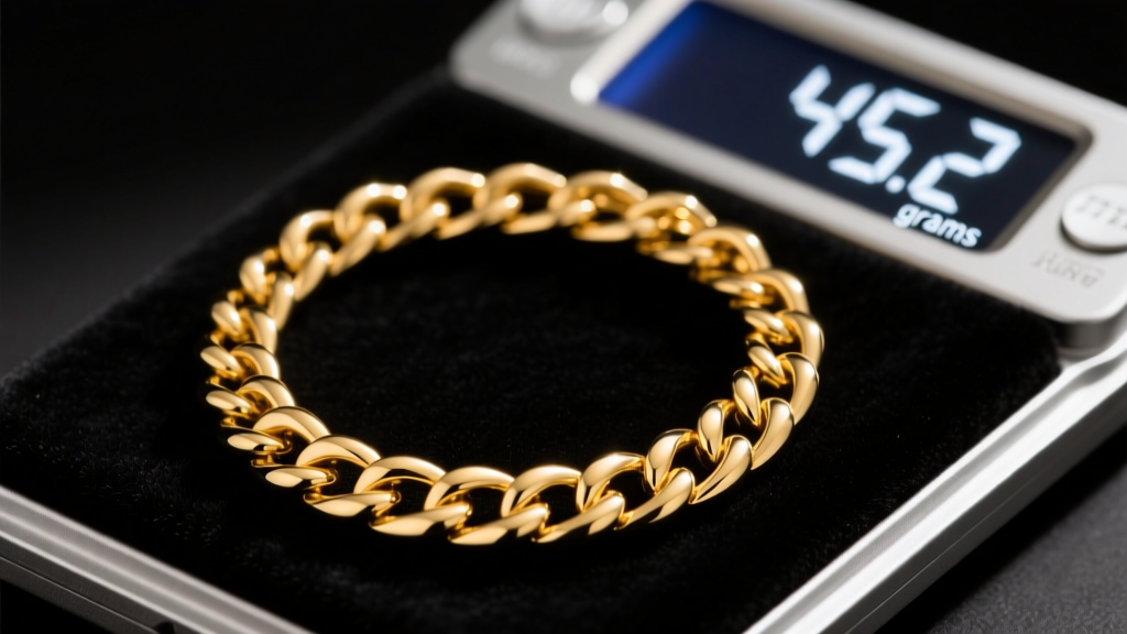 Close-up of a digital jewelry scale weighing a thick 18k yellow gold Cuban link necklace, showing 45.2 grams on a dark velvet mat.