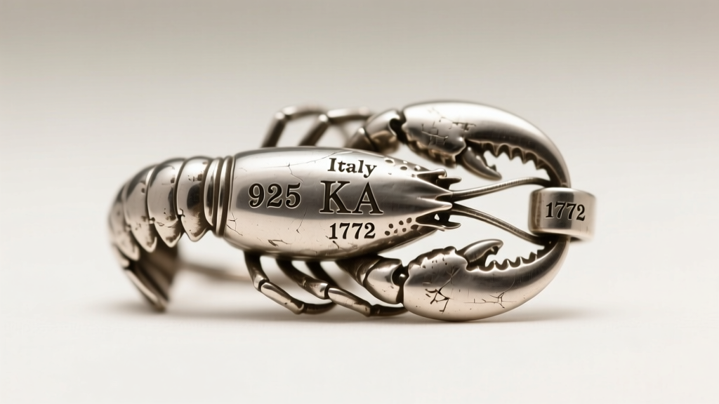 Macro shot of a vintage Italian silver lobster clasp stamped with 925, Italy, KA, and 1772 hallmarks under bright light