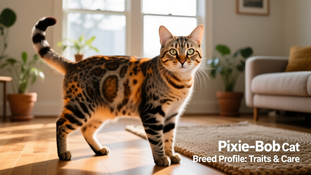 A striking Pixie-Bob cat standing confidently, showcasing its muscular build, spotted tabby coat, and distinctive short tail