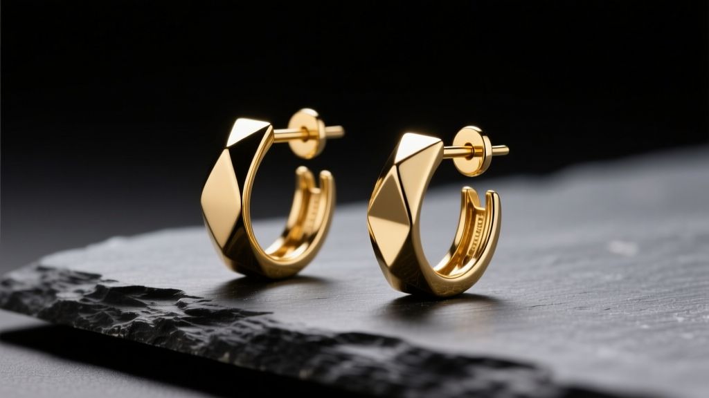Close-up of 18k yellow gold Juste un Clou earrings resting on dark slate, illuminated by soft directional studio lighting.