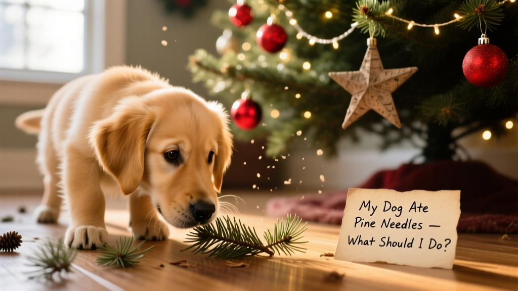 Close-up of a curious dog sniffing pine needles on the floor near a decorated Christmas tree