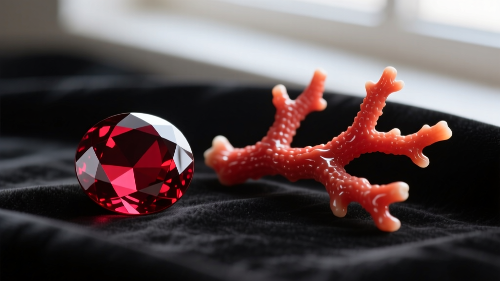 Macro shot comparing a deep red pyrope garnet cabochon and polished Mediterranean red coral branch resting on dark velvet fabric.