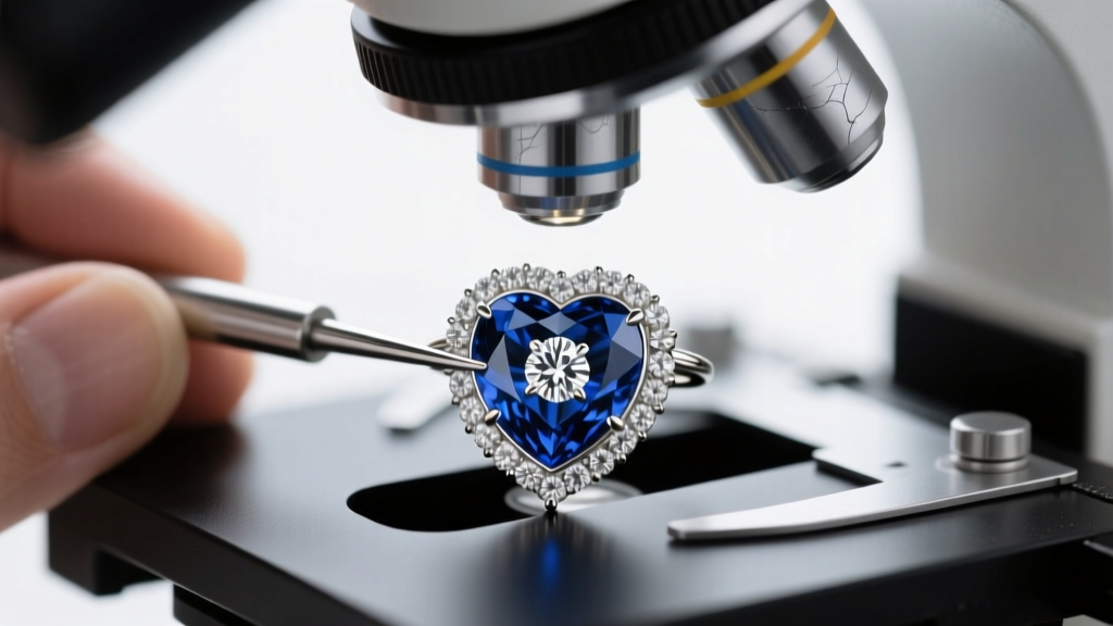 Jeweler inspecting shared prongs of a diamond halo on a sapphire heart pendant under a microscope to check for metal wear.