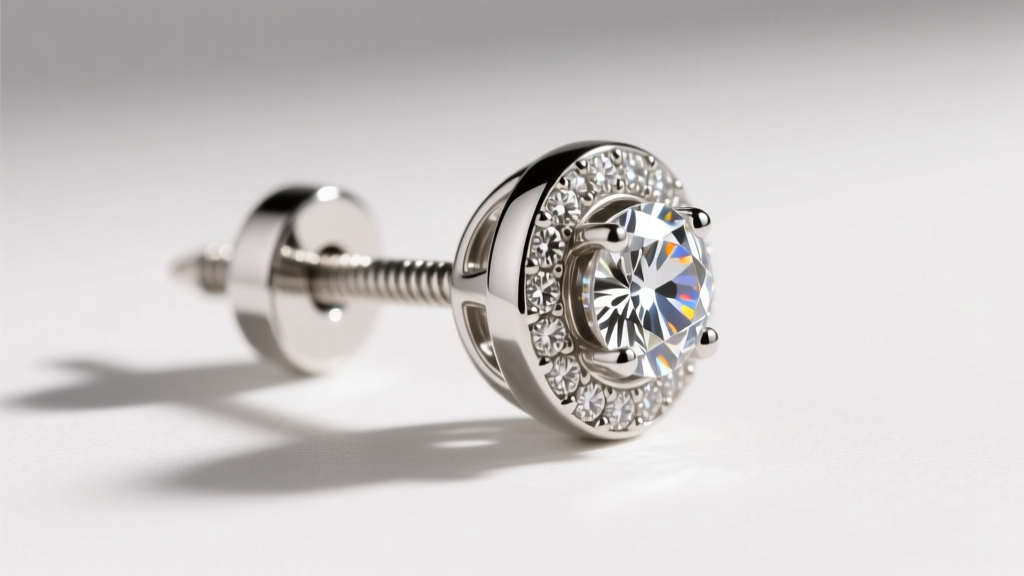 Side profile of a platinum bezel-set diamond stud earring showing the secure screw-back mechanism and low-profile basket design