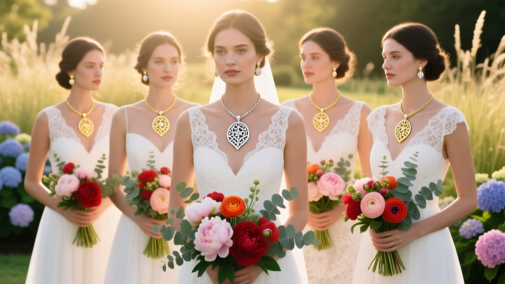 Bridesmaids wearing matching heavy gold plated sterling silver pendants, holding bouquets in bright natural outdoor daylight
