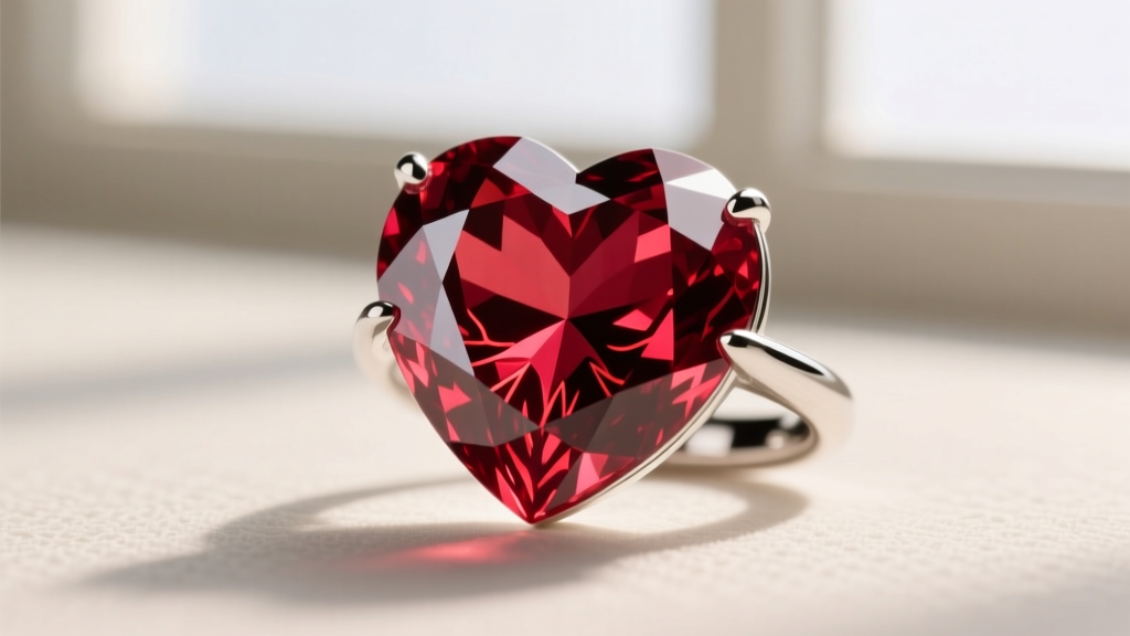 Macro photography of a faceted garnet red heart gemstone set in a sterling silver bezel, highlighting deep crimson inclusions.