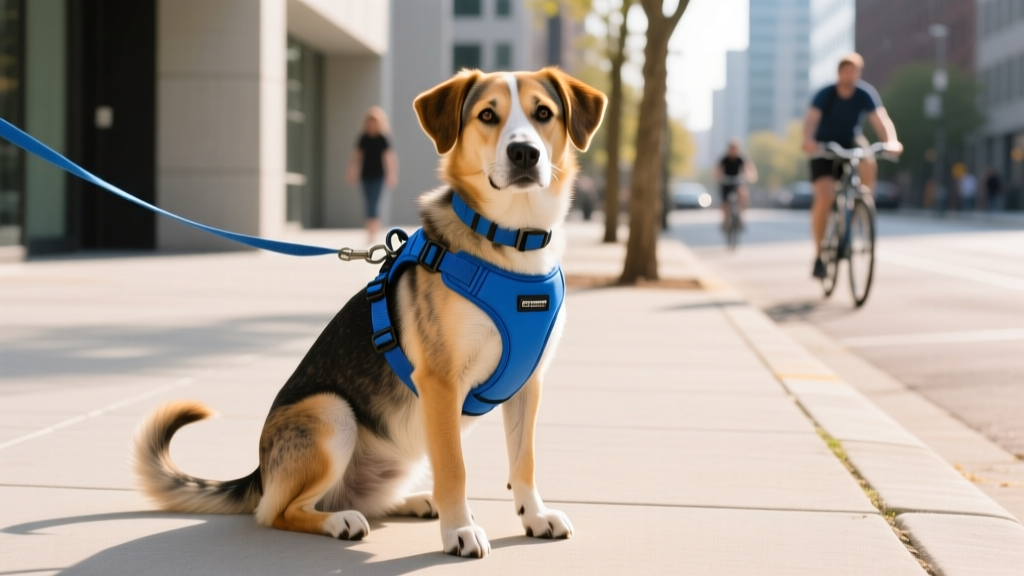 A newly adopted rescue dog wearing a padded front-clip harness sitting calmly on a sidewalk during a structured training walk.