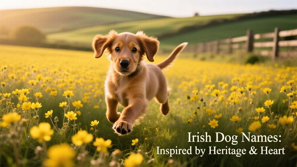 young dog playing in a buttercup field