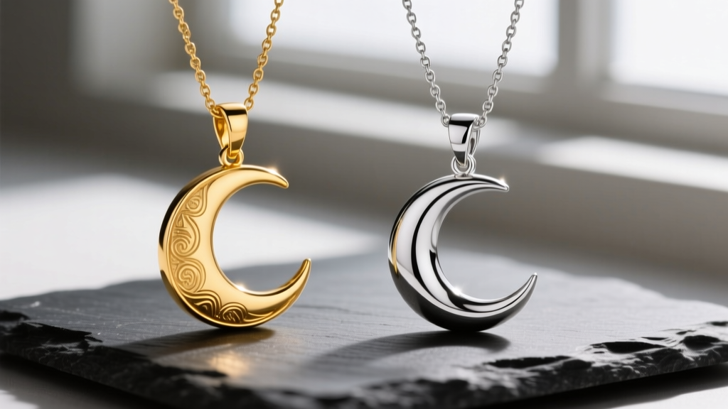 Macro shot comparing a polished 14k yellow gold moon pendant with a rhodium-plated sterling silver version on dark slate.