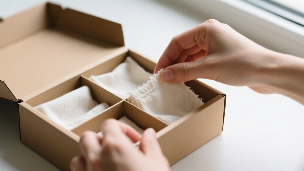 Close-up of hands lining the interior compartments of a kraft paper jewelry box with unbleached, acid-free cotton muslin fabric.