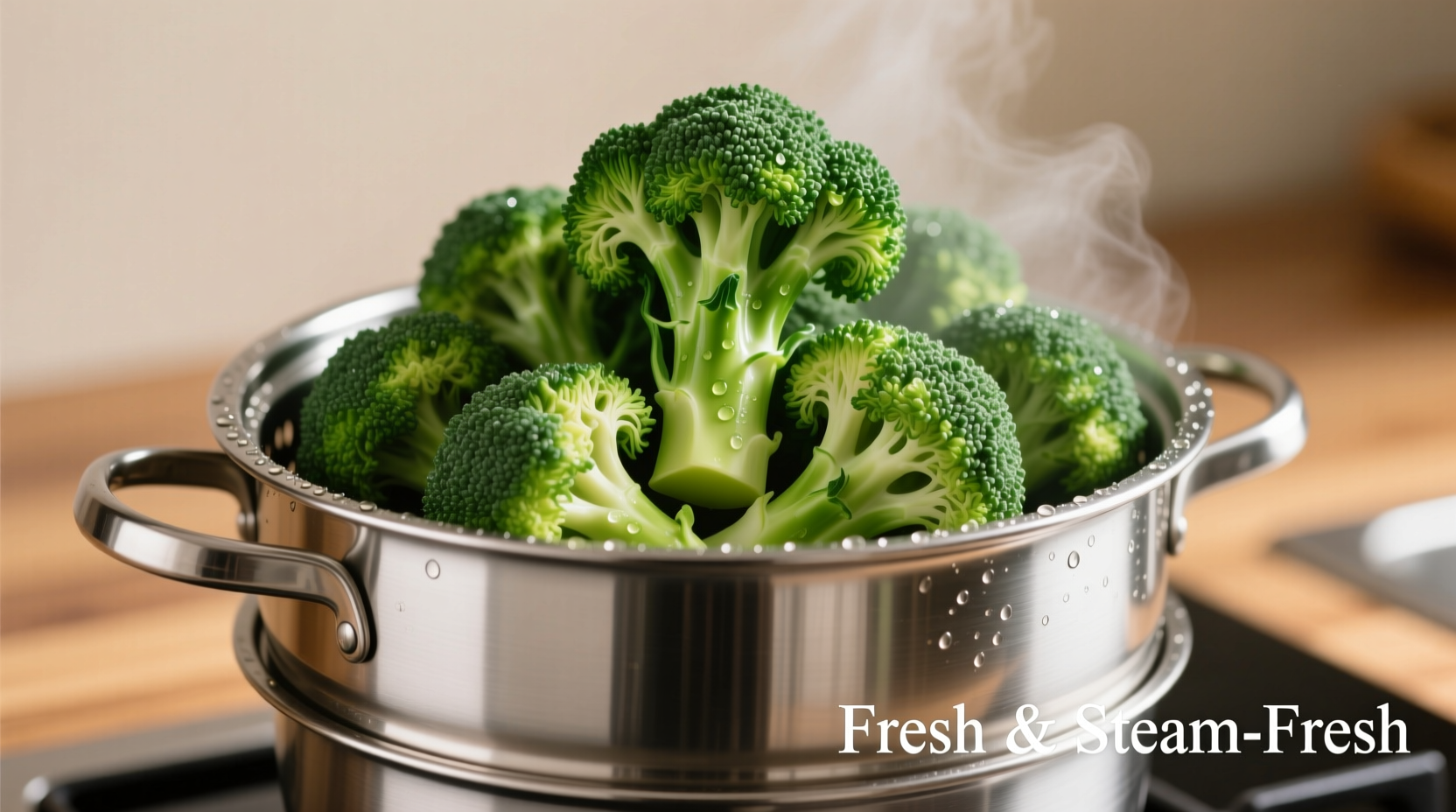 Perfectly steamed broccoli florets in stainless steel steamer basket