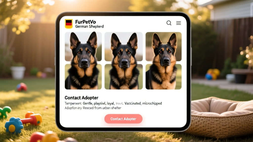 Screenshot-style image showing a clean, mobile-friendly FurPetVo profile page for a German Shepherd, with photos, bio section, and 'Contact Adopter' button