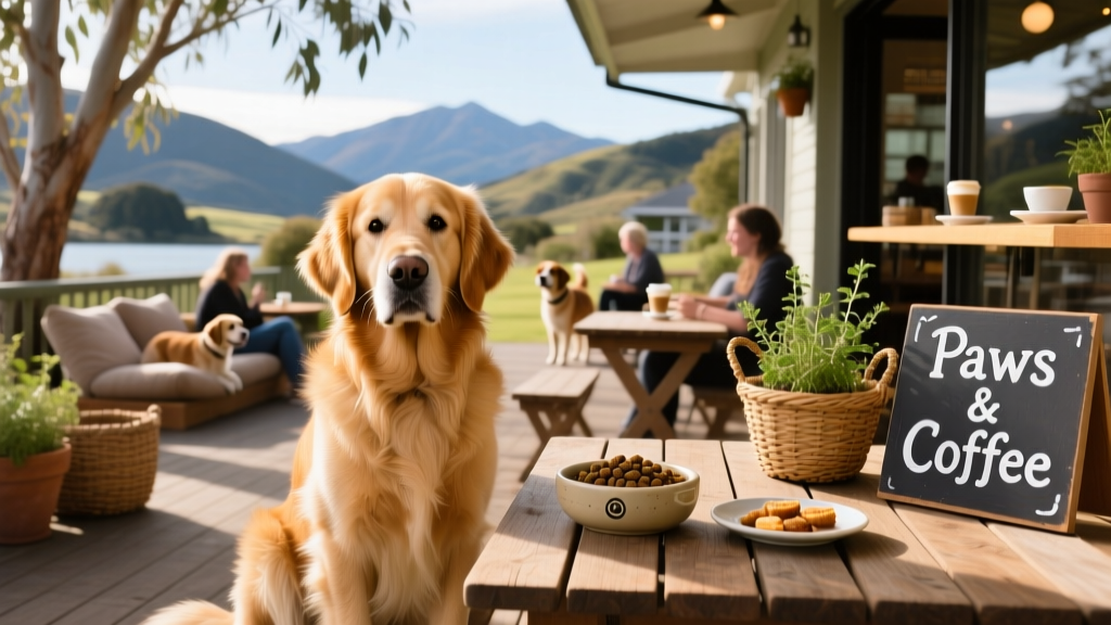 A dog sitting politely beside a patio table at a cozy, dog-friendly restaurant in Nelson