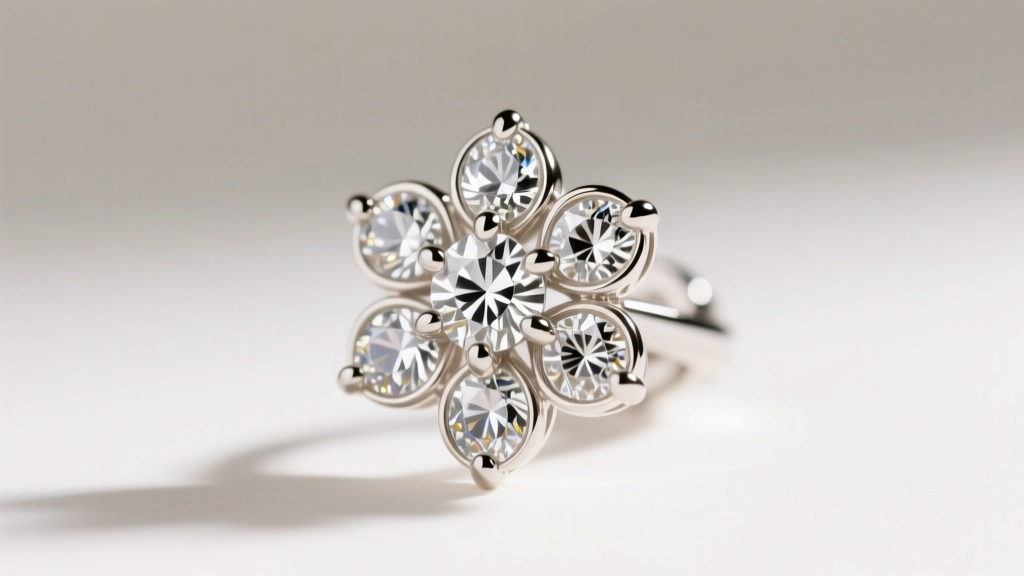 Macro shot of 18k white gold micro-prongs holding tiny lab-grown diamonds in a floral cluster earring under bright studio light.