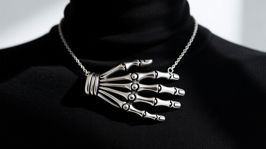 Close-up of an articulated sterling silver anatomical hand necklace with darkened patina joints, worn over a black turtleneck
