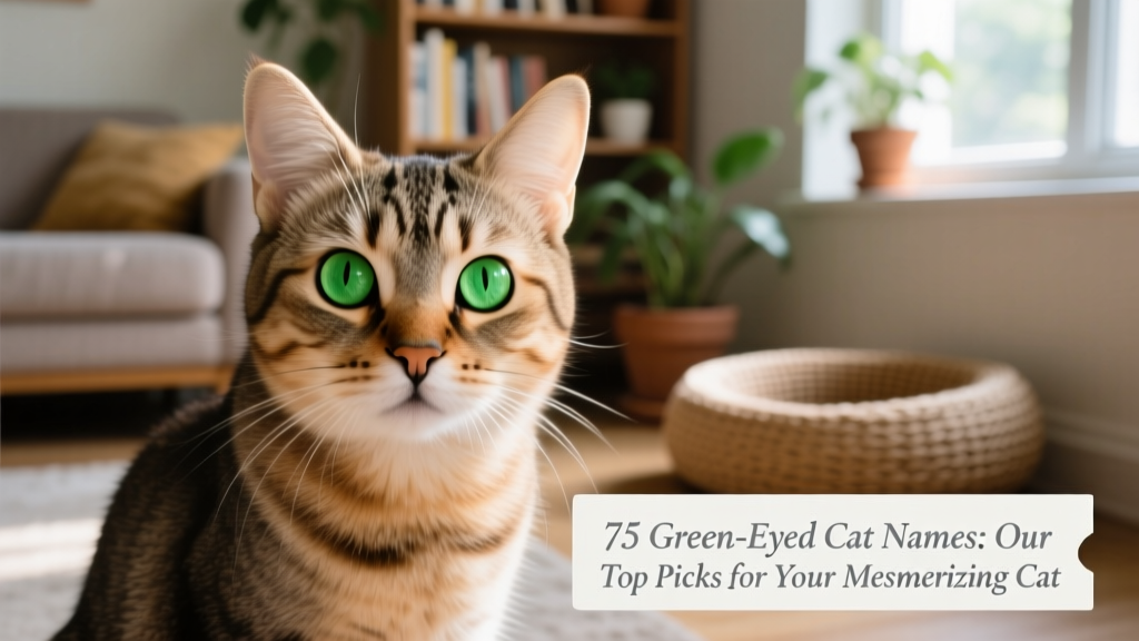 Close-up portrait of a cat with vivid green eyes gazing directly at the camera