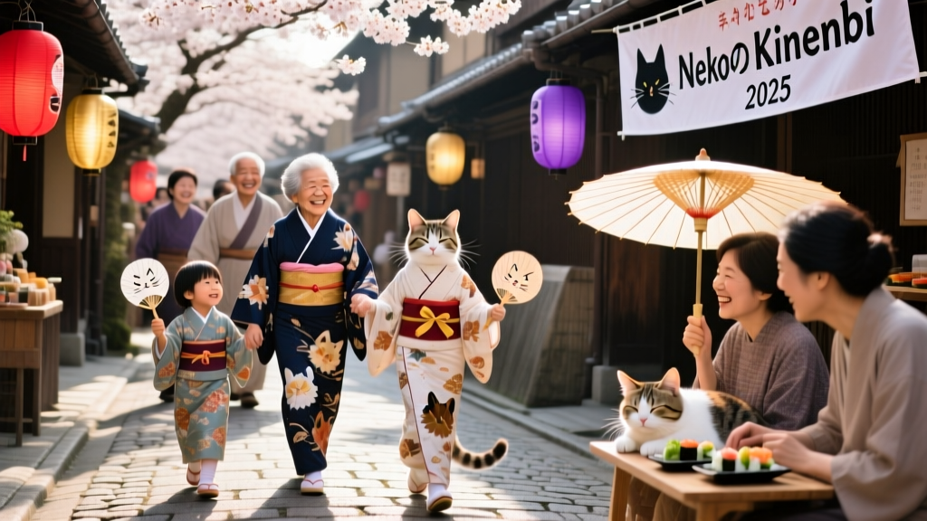 A joyful Japanese street festival with cats in traditional kimonos, lanterns, and smiling families