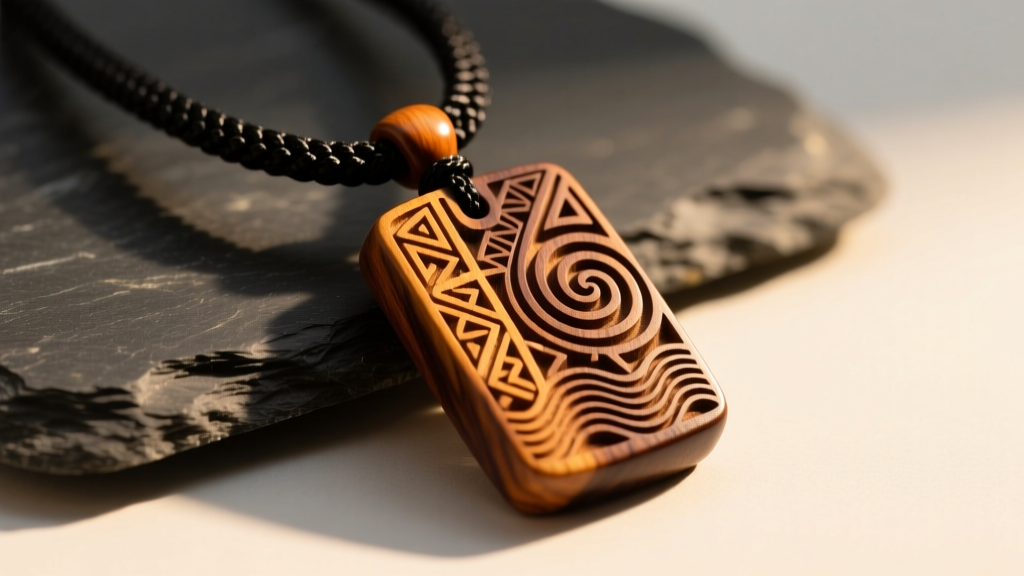 Carved Koa wood mens Hawaiian necklace pendant on a braided black cord resting on dark slate under soft, warm directional lighting