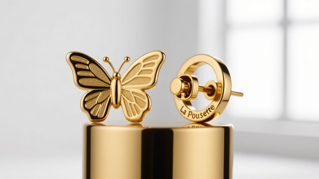 Macro photography comparing a standard friction butterfly back next to a secure La Pousette locking earring back on a polished gold post.