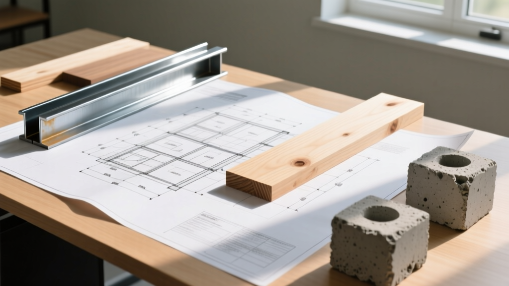 Blueprint overlaid with physical samples of structural steel, dimensional lumber, and concrete cores on a sunlit contractor desk.