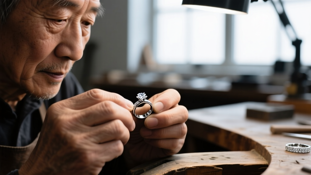Close-up of a jeweler's hands using nylon jaw pliers to secure a half-hard sterling silver headpin through a carved wooden bead