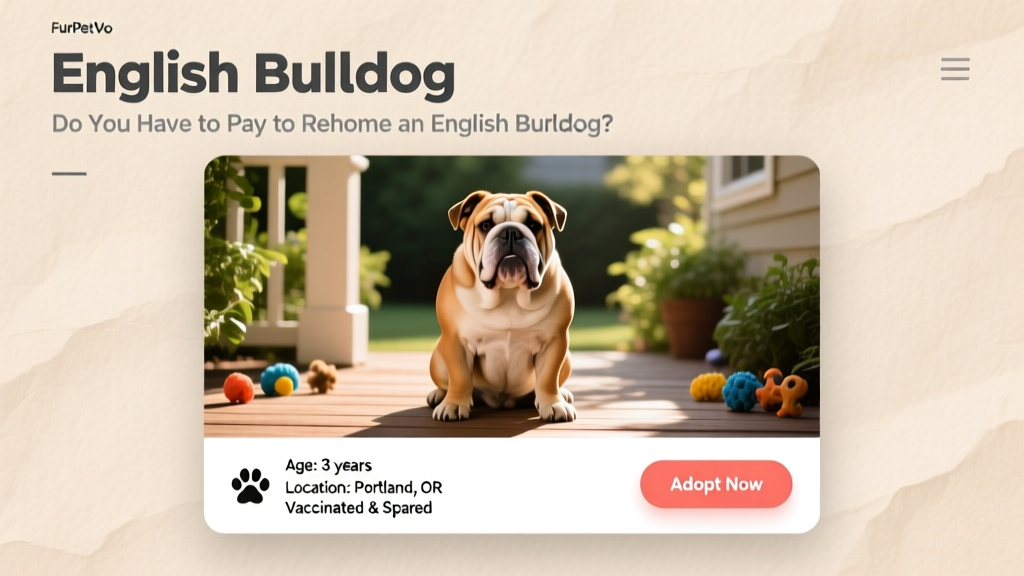 Screenshot-style mockup showing a clean, mobile-friendly FurPetVo listing page for an English Bulldog