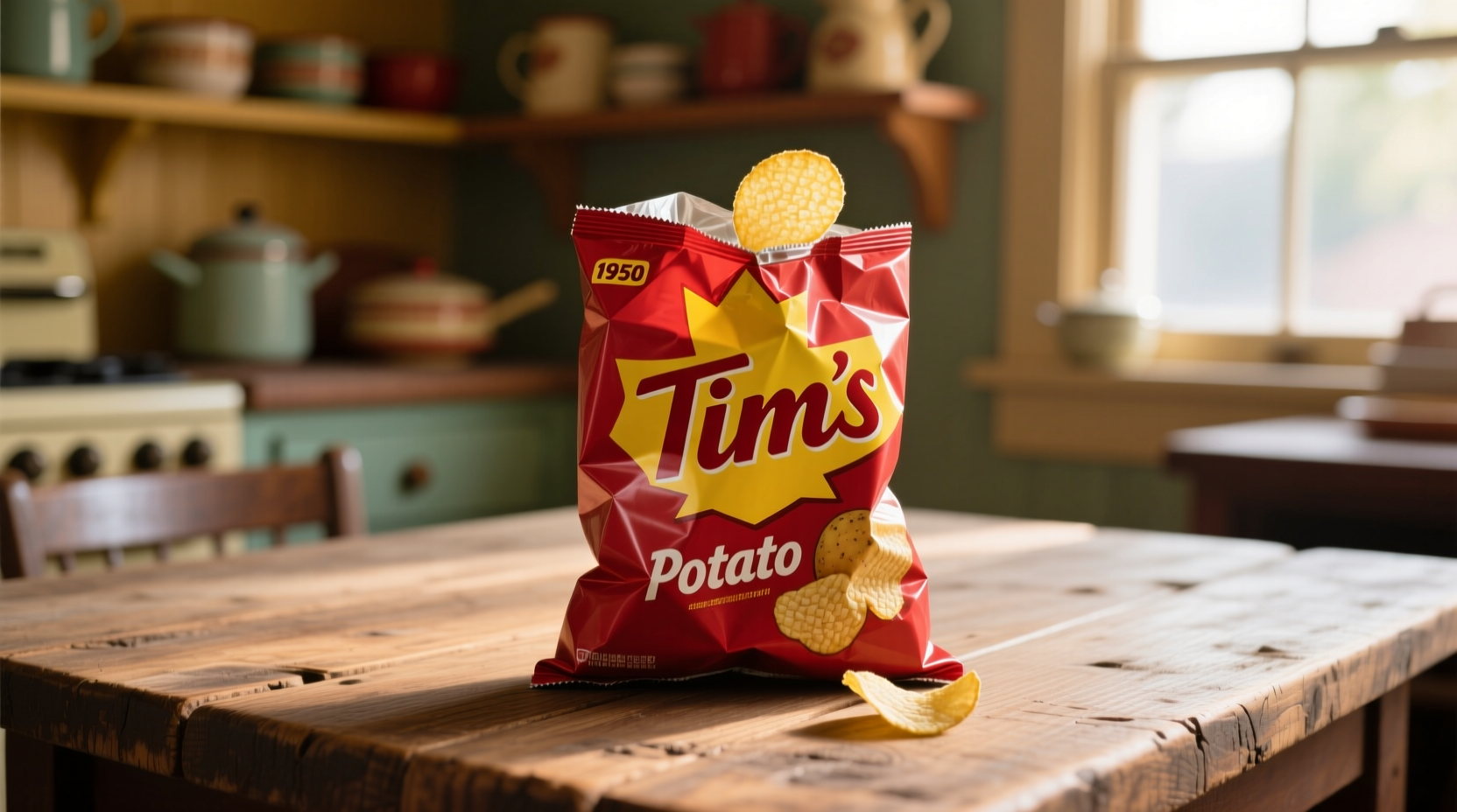Tim's Potato Chips bag on wooden table