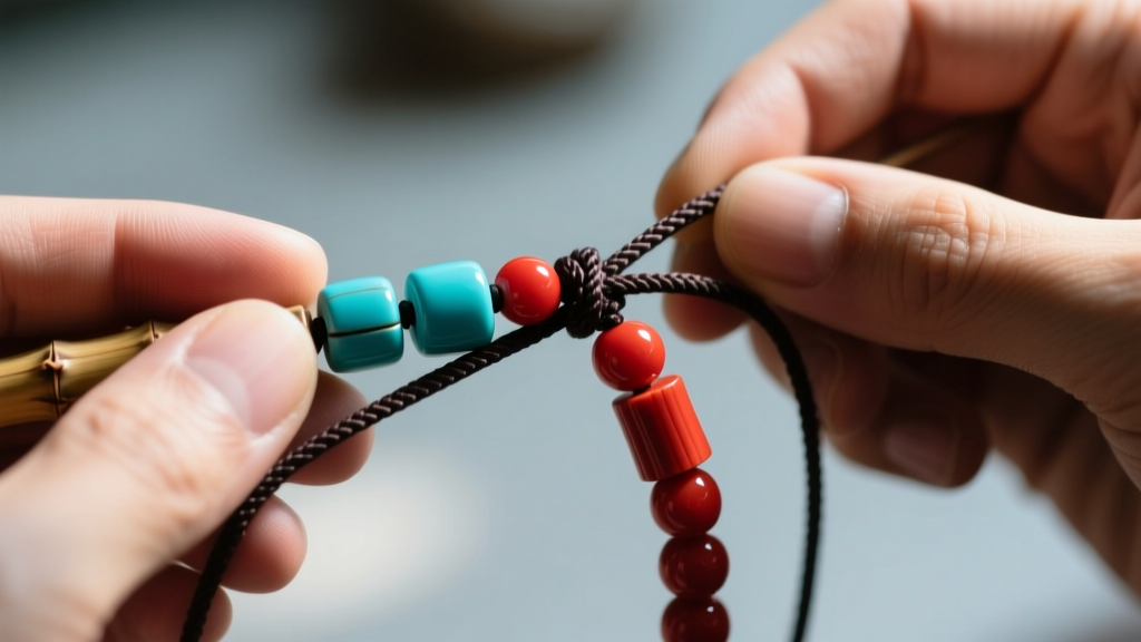 Close-up of a jeweler knotting dark nylon cord between alternating barrel-shaped turquoise and dyed red bamboo coral beads.
