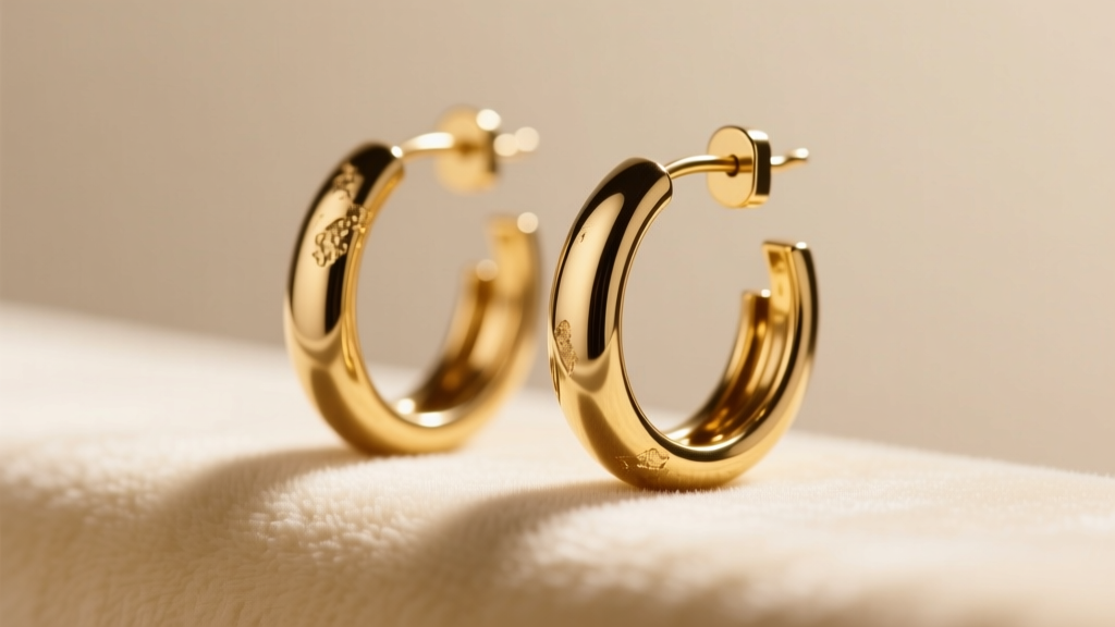 Macro shot of gold-plated brass hoop earrings on cream velvet, lit by warm studio lighting to highlight the delicate metal texture.