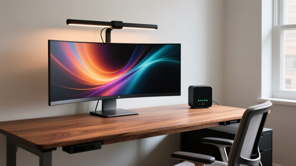 Modern home office desk setup featuring an ultrawide monitor, AI-powered desk lamp, and matte black smart hub on a walnut standing desk.