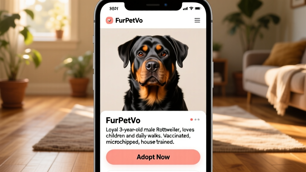 Screenshot-style image showing a FurPetVo listing page for a Rottweiler, with clear photo, bio, and 'Adopt Now' button