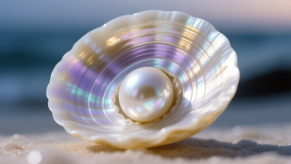 Macro photography of a saltwater baroque pearl surface showing concentric nacre growth rings and subtle iridescent overtones