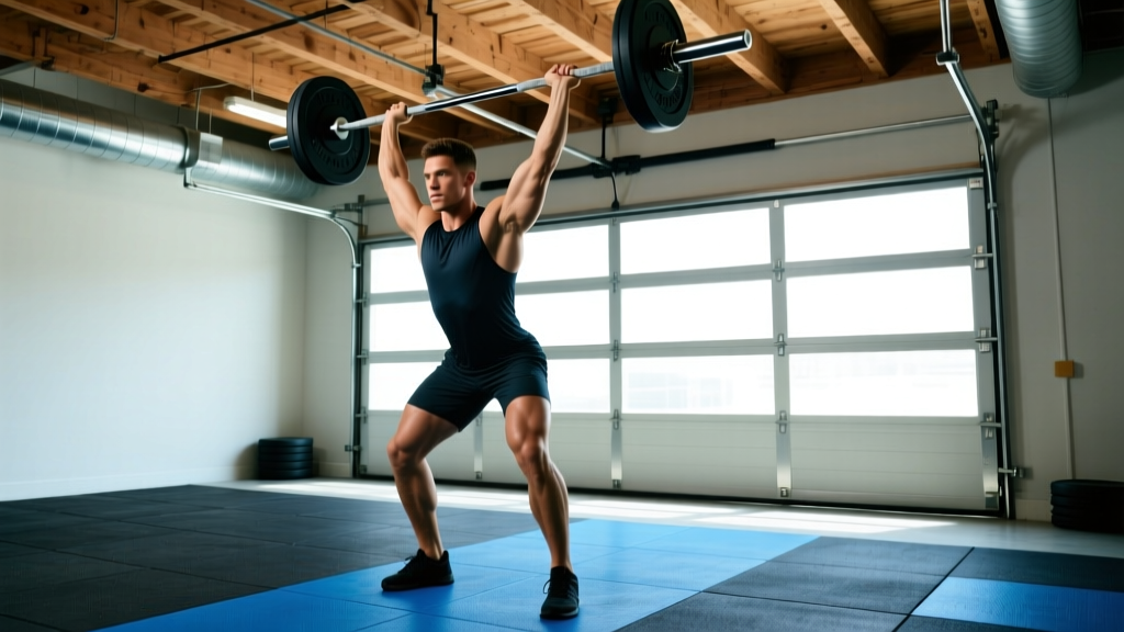 Tall athlete performing a barbell overhead press in a garage gym with exposed ceiling joists and specialized shock-absorbing flooring