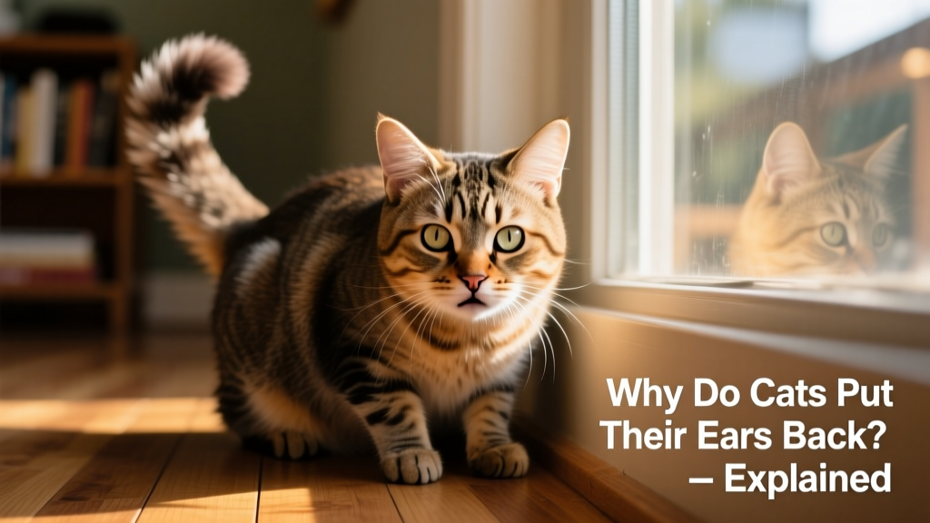 A fearful cat in a corner, ears flattened outward in 'airplane' position, tail puffed, eyes wide and fixed