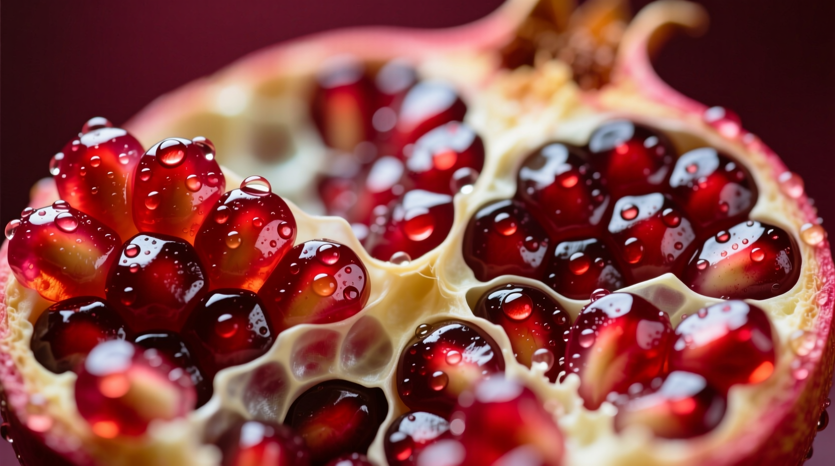 Close-up of pomegranate seeds showing juicy arils
